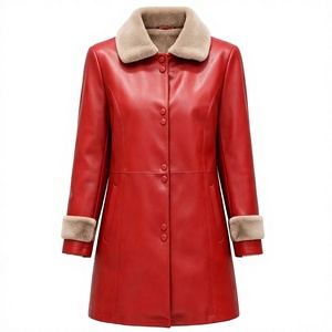 Manteau d'hiver en similicuir rouge avec col et poignets en fourrure, élégante veste pour femme à simple boutonnage - Product Image 4