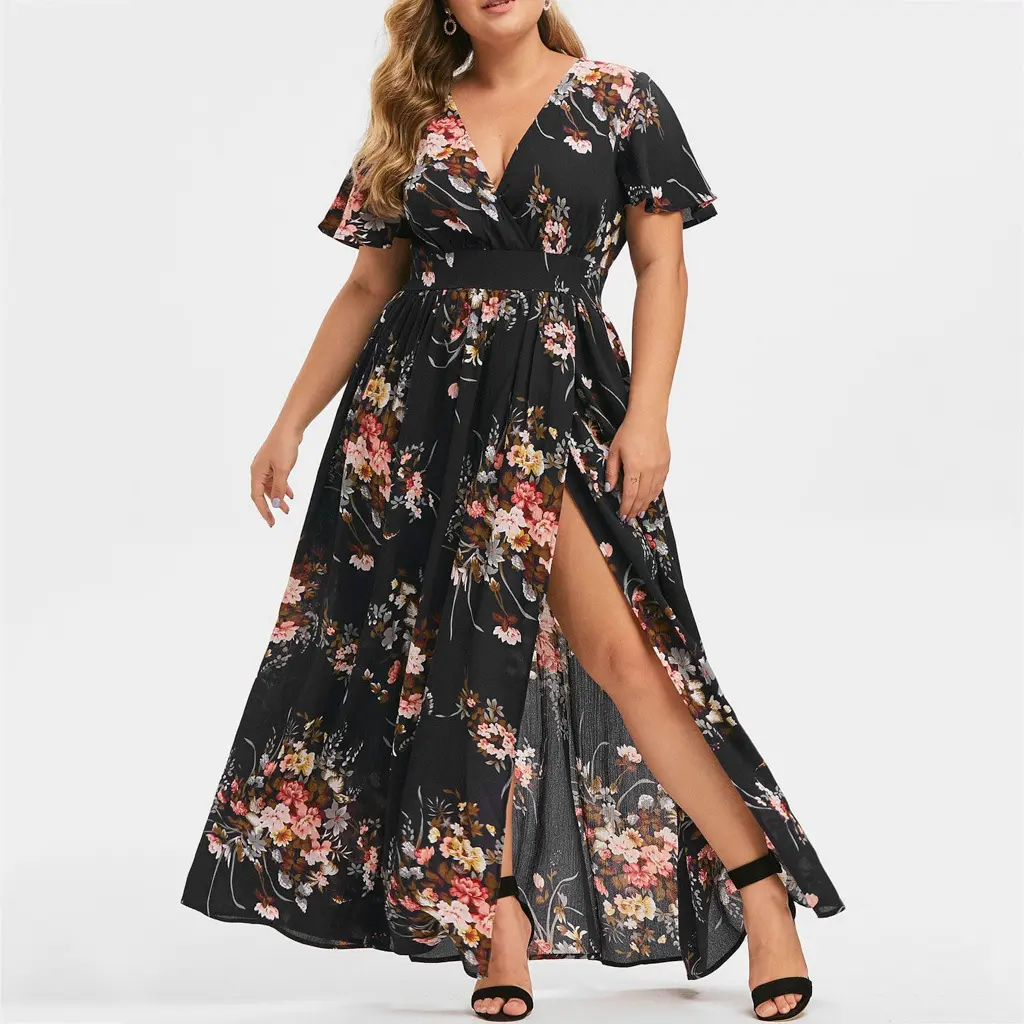 Commercio all'ingrosso XXXXXL taglia donna scollo a v stampa floreale definita abito in maglia in vita vendita calda Plus Size abito elegante moda donna