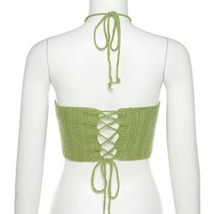 Sexy Backless Handmade Halter Pink Halter Green Heart Y2K Women Love Crochet <strong>Top</strong> - Product Image 5
