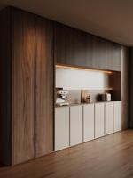 Aparador Moderno LED de Nogal con Puertas de Ratán, Estantes Abiertos y Diseño sin Tiradores para Comedor, Personalizable