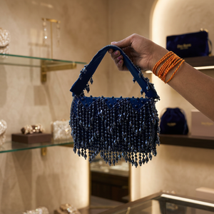 Best Quality Classic Blue Embroidered Aura Indian Wedding Clutch Bag with Ring <b>Strap</b> and Pearl Decoration - Product Image 1