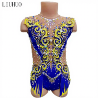 Justaucorps de danse LIUHUO bleu roi et or avec strass, manches courtes, motif baroque, détails à franges, costume de compétition pour filles