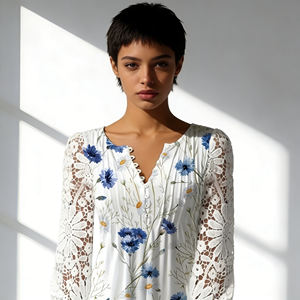 Chemise à manches en dentelle blanche menthe pour femmes - Haut décontracté à col en V respirant avec boutons sur le devant pour tous les jours et les fêtes, mélange de polyester et d'élasthanne - Product Image 5