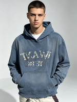 Sweat à capuche vintage pour homme, effet vieilli, ourlet effiloché, imprimé craquelé, lettres en strass