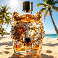 Bouteilles de whisky, vodka et vin en verre épaissi avec bouchon à vis en cristal, modèle tête de loup créatif, 150 ml et 350 ml, vente en gros OEM/ODM