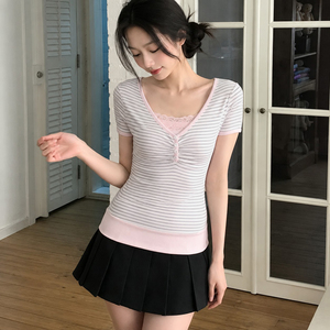 เสื้อยืดลายทางแบบสองในหนึ่งของผู้หญิงเสื้อแขนสั้นลำลองทรงสลิมฟิตมีกระดุมด้านหน้า - Product Image 4