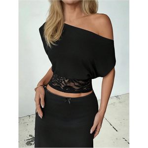 Women's <b>Off</b> <b>The</b> <b>Shoulder</b> <b>Lace</b> Crop <b>Top</b> Short Sleeve Bodycon Summer Outfit - Product Image 5