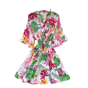 Robe d'été décontractée pour femme, style européen et américain, imprimée, col en V, silhouette crayon, manches 3/4 à volants, taille nouée, style <span class=keywords><strong>mature</strong></span> et affirmé - Product Image 1