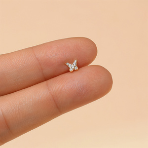 Boucle d'oreille piercing barbell à dos plat en Or 18K et Argent Sterling S925, avec motifs Papillon, Gland, Croix, Trèfle, Floral et Zircone Cubique - Product Image 2