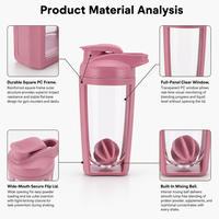 Bouteille shaker en plastique PC 650 ml avec logo personnalisé, cadre carré, fenêtre transparente, boule mélangeuse, pour sport, gym, protéines, cadeau