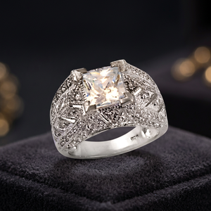 Anello da Cocktail Art Palace per Donna con <span class=keywords><strong>Diamante</strong></span> Taglio Principessa, Argento 925 Placcato Rodio, Montatura Pavé, Anello di Fidanzamento Classico Geometrico - Product Image 1