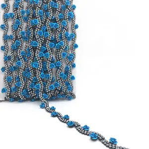 LP211 Wholesale crystal rhinestone blue flower plastic Black trimming cup chain rhinestones for dress