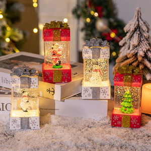 LINGKAI Xmas Gift <b>Box</b> Shape LED Swirling Glitter Water Light Glowing Santa Claus Snowman Lantern Tabletop <b>Christmas</b> Ornament - Product Image 1
