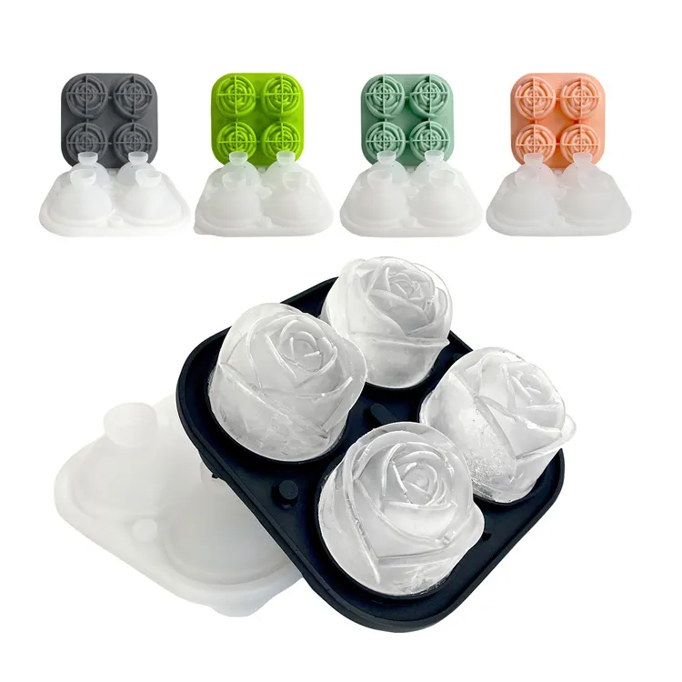 Высокое качество, оптовая продажа, индивидуальная мини-форма для льда в форме розы с четырьмя отверстиями, цветная силиконовая форма для льда, кухонная силиконовая форма для льда
