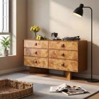 Commode à 6 tiroirs en bois style rétro du milieu du siècle, texture écorce d'arbre vintage, meuble de rangement pour chambre à coucher