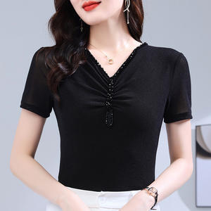 GA T-<span class=keywords><strong>shirt</strong></span> col en V avec perles à ongles, robe en <span class=keywords><strong>gaze</strong></span> <span class=keywords><strong>de</strong></span> style occidental, tenue d'été pour femmes, nouvelle robe en <span class=keywords><strong>gaze</strong></span> à manches courtes, petite chemise AA1209 - Product Image 4