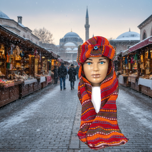 Kilim Designed <b>Red</b> Turkish Winter <b>Scarf</b> Hat - Product Image 3