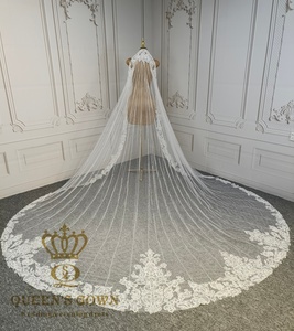 QUEENS GOWN Gorgeous Lace Applique Cathedral <strong>Veil</strong> <strong>Sparkling</strong> Ivory Beaded One-layer Wedding <strong>Veil</strong> with Lace Edge - Product Image 1