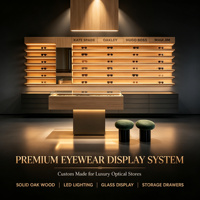 Système d'affichage mural complet personnalisé pour opticien avec éclairage LED, étagère murale en bois pour lunettes et comptoir de réception en verre