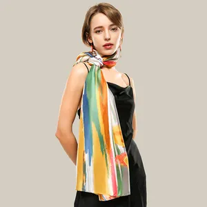 Factory spot creative silk feeling satin graffiti lily print scarf female European and American style silk scarf