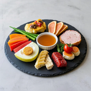 Offre spéciale Plateau en pierre naturelle noire personnalisé Plateau à fromage Assiette ronde en pierre Plateau de service Ensemble de vaisselle écologique et abordable - Product Image 3