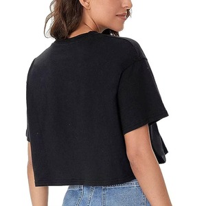 Women's <b>Black</b> <b>Crop</b> <b>Top</b> T-Shirt <b>Short</b> <b>Sleeve</b> Crew Neck Loose Fit Casual Summer Solid Color 100% Cotton Breathable Street Style - Product Image 3