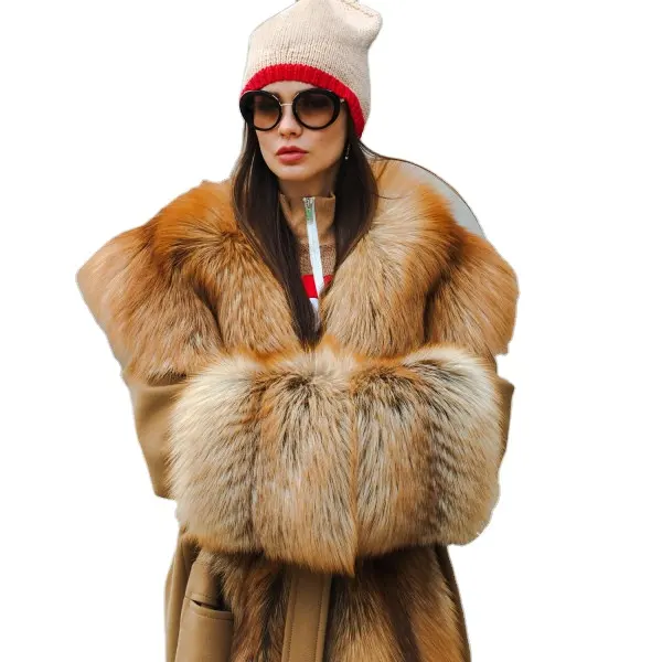 Wholesale 2022 New Fashion Overcoat Long Side Leather Coats With Fox Fur Winter Women's Jackets