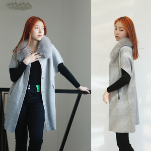<span class=keywords><strong>Pull</strong></span> court en laine tricotée sur mesure Tyan Fashion, <span class=keywords><strong>bleu</strong></span> royal, avec col en vraie fourrure de renard, style ample de luxe pour femmes - Product Image 6