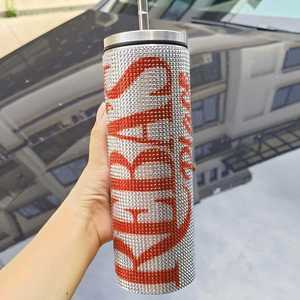 Gobelet isotherme droit en acier inoxydable avec logo personnalisé, strass et diamants, pour bouteille d'eau avec couvercle à paille - Product Image 2