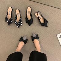 Nouvelles Sandales Plates à Bout Fermé et Nœud Papillon à Talon Épais de Luxe, Chaussures Escarpins Femme à Petit Talon Motif Pois Noir Printemps-Été