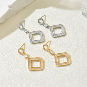 Pendientes colgantes de uñas de cobre rombo de moda minimalista para mujer con estilo con configuración de pavé de circón joyería de moda Pop - Product Image 3