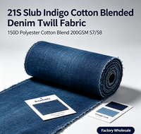 Tissu sergé en denim 21S Slub Indigo, mélange coton/polyester, 150D 200GSM 57/58 pouces, respirant, résistant à l'abrasion, pour vêtements et usage domestique