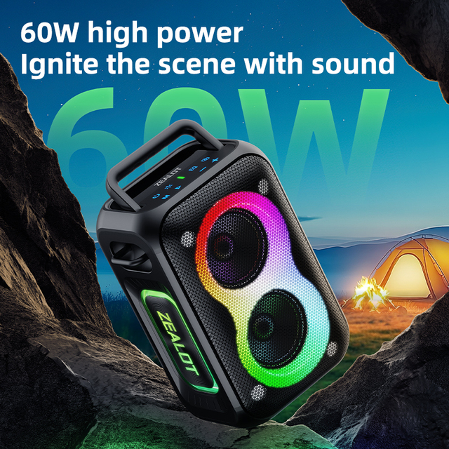 Wholesale & Retail: 60W Outdoor Portable Waterproof Speaker with RGB Light/5.4/Adjustable EQ for Parties & Camping ZEALOT-PT02