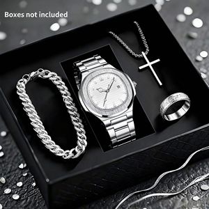 <span class=keywords><strong>Set</strong></span> Regalo da <span class=keywords><strong>Uomo</strong></span> 4 Pezzi: Orologio al Quarzo Quadrato in Acciaio Inossidabile di Lusso, <span class=keywords><strong>Bracciale</strong></span>, <span class=keywords><strong>Collana</strong></span> a Croce - Vendita all'Ingrosso - Product Image 3