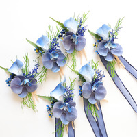 Boutonnières et corsages de poignet réalistes faits main en PU, tons bleus, pour mariages et banquets, avec lys calla et phalaenopsis, décorations pour verres à vin