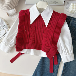 Conjunto <span class=keywords><strong>de</strong></span> tres piezas <span class=keywords><strong>de</strong></span> chaleco <span class=keywords><strong>de</strong></span> punto y jeans azules microacampanados para niñas, estilo coreano, nueva colección otoño 2025, conjunto <span class=keywords><strong>de</strong></span> temperamento para bebé - Product Image 3