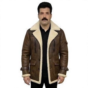 Genuine Sheepskin Leather <b>Shearling</b> Fur B3 <b>Bomber</b> <b>Jacket</b> Vintage Winter Long Coat with Sherpa Lining OEM Available - Product Image 3