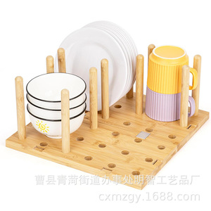 Bamboo Dish Drainer <b>Plate</b> Cup Storage <b>Rack</b> Multi Purpose Kitchen Organizer Natural Wood Color Square Shape - Product Image 2