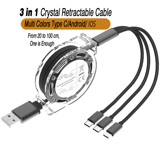 Retractable 3 in 1 Usb Cable for Iphone Micro Type-c Multi Mobile Phone Charge Cord 2.4A Fast Charging c Type Cable Fast Charge