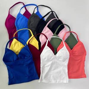 Top largo tipo sling con logo personalizado, sin espalda, ropa deportiva sin costuras para mujer, top ajustado con sujetador incorporado, copas extraíbles, top de yoga fruncido, chaleco. - Product Image 2