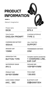 Tai nghe nhét tai thể thao BX30 TWS có móc tai, đạt chứng nhận CE FCC <span class=keywords><strong>BQB</strong></span>, siêu nhẹ 8.3g, lý tưởng cho hoạt động ngoài trời, du lịch, lái xe, kết nối không dây <span class=keywords><strong>Bluetooth</strong></span>. - Product Image 6