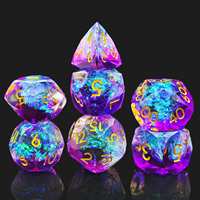 Ensemble de dés DND en résine Aurora bleu violet faits à la main, 7 pièces, dés polyédriques à bords tranchants, chiffres dorés, Dungeons & Dragons, jeu de rôle de table