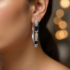 Pendientes de Aro en Tono Plateado E745 con Gemas de Esmeralda Azul Talladas en Bisel, Joyería Clásica de Moda para Mujer para Fiestas - Product Image 2