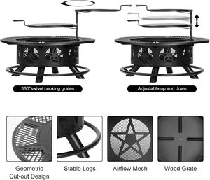 Brasero à bois avec 2 grilles pour l'extérieur, avec couvercle et pioche, table ronde en métal pour barbecue, idéal pour les fêtes sur la terrasse, emballage pour vente par correspondance - Product Image 4
