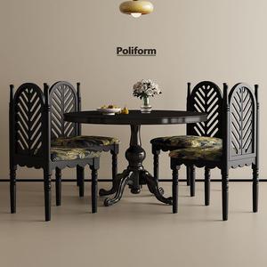 Chaise de salle à manger en bois massif de style vintage français, rembourrée de noir avec motif doré, pour la maison ou les restaurants - Product Image 2