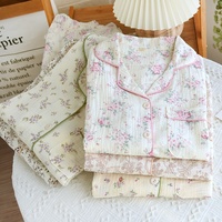 Nouvel Arrivage Ensemble de Pyjama Printanier pour Femme à Manches Longues en Coton Double Gaze Froissée, Tenue d'Intérieur Florale Douce et Féminine