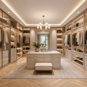 Walk-in Closet Bedroom Modern Luxury Custom Glass Door White Furniture Chandelier Island Organizer <strong>Set</strong> - Product Image 1