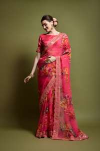 Georgette <b>Saree</b> With Unstitched <b>Blouse</b> Embroidery Cut Work Lace Border Heavy Bengalori Sartin <b>Saree</b> for Womens - Product Image 4