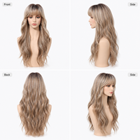 Perruques longues ondulées à franges, racine foncée, mèches blondes beiges, fibre résistante à la chaleur, ligne de cheveux naturelle, densité moyenne, directement de l'usine