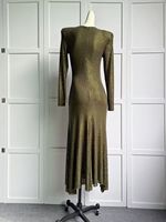 Robe longue texturée et froncée pour femme, à épaules structurées, col en V, manches longues, fabrication de vêtements sous marque privée